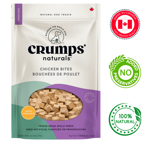 Crumps' Natural Freeze Dried Chicken Dog Treats in a resealable bag with a limited ingredient list