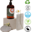 Dandylion gentle dog shampoo bottle on beige blocks with flowers and vegan fragrance free icons