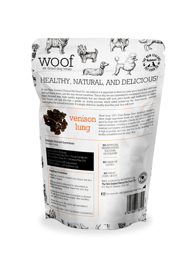 NZPF Woof Air Dried Venison Lung Dog Treats 50 Grams, high-quality treats for dogs. Air-dried venison lung offers a nutritious and tasty snack.