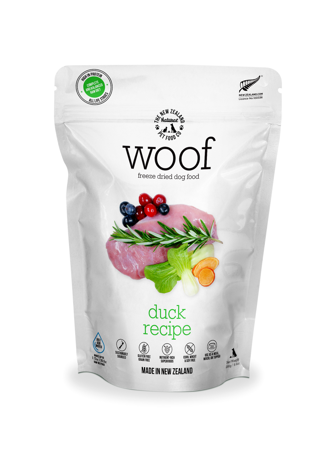 NZPF Woof Duck Freeze Dried Dog Food 280 Grams, nutritious and delicious food for dogs. Freeze-dried duck provides a healthy and tasty meal.