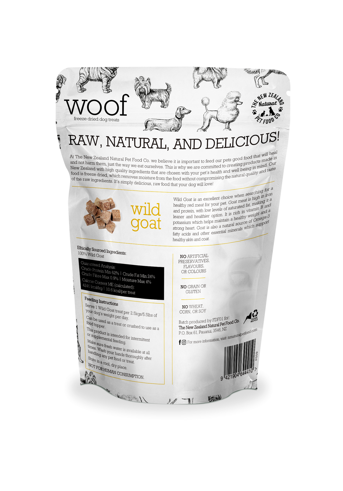 NZPF Woof Freeze Dried Wild Goat Dog Treats 50 Grams, nutritious and delicious treats for dogs. Wild goat offers a high-protein snack, perfect for rewards.