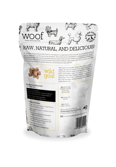 NZPF Woof Freeze Dried Wild Goat Dog Treats 50 Grams, nutritious and delicious treats for dogs. Wild goat offers a high-protein snack, perfect for rewards.