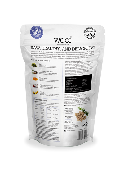 NZPF Woof Lamb Freeze Dried Dog Food 280 Grams, premium dog food made with high-quality lamb. Freeze-dried to retain flavor and nutrients, ideal for all life stages.