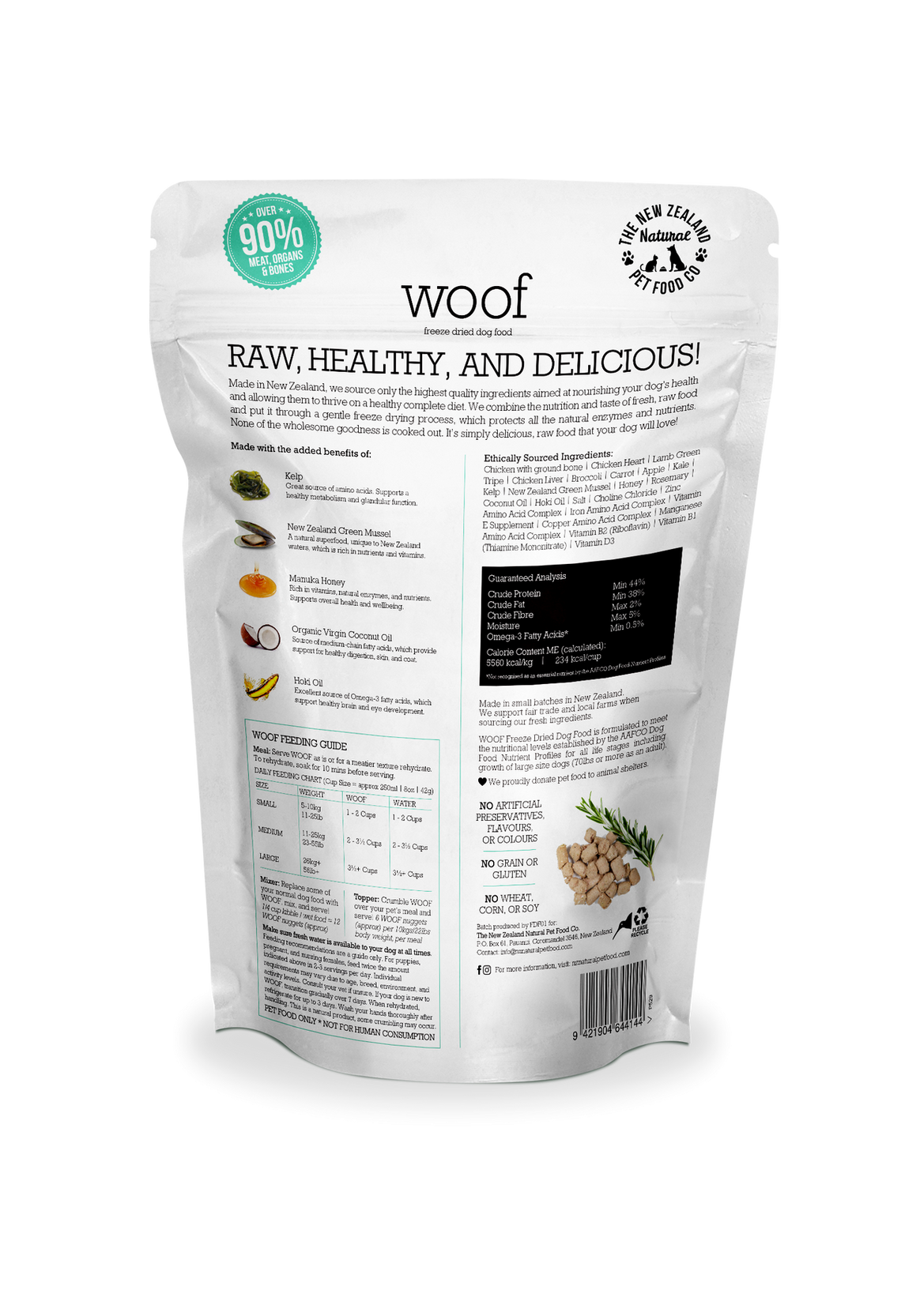 back image of NZPF Woof Chicken Freeze Dried Dog Food 280 Grams