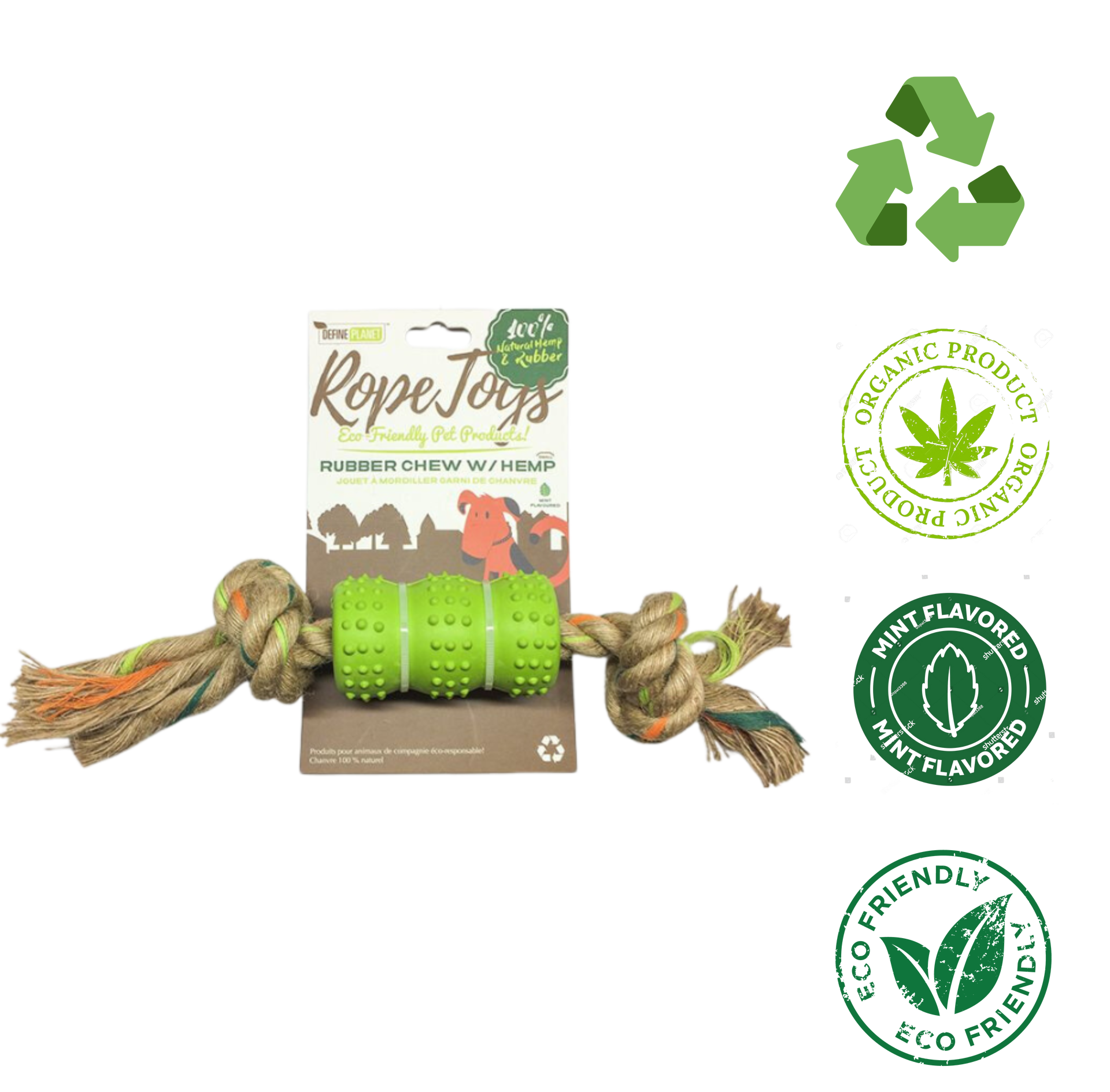 Define planet hemp dog chew toy with green rubber and natural hemp rope for pet wellness