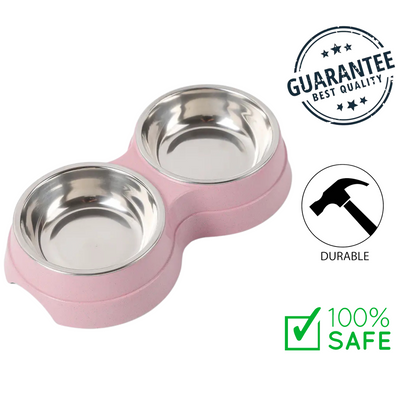 Ashario Pets - Deluxe Non-Slip Double Bowl Pet Feeder Stainless Steel - Pink