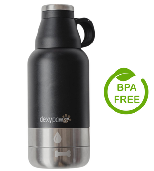 Dexypaws pet bowl designed as a black dextpaws pet insulated water bottle with BPA free label