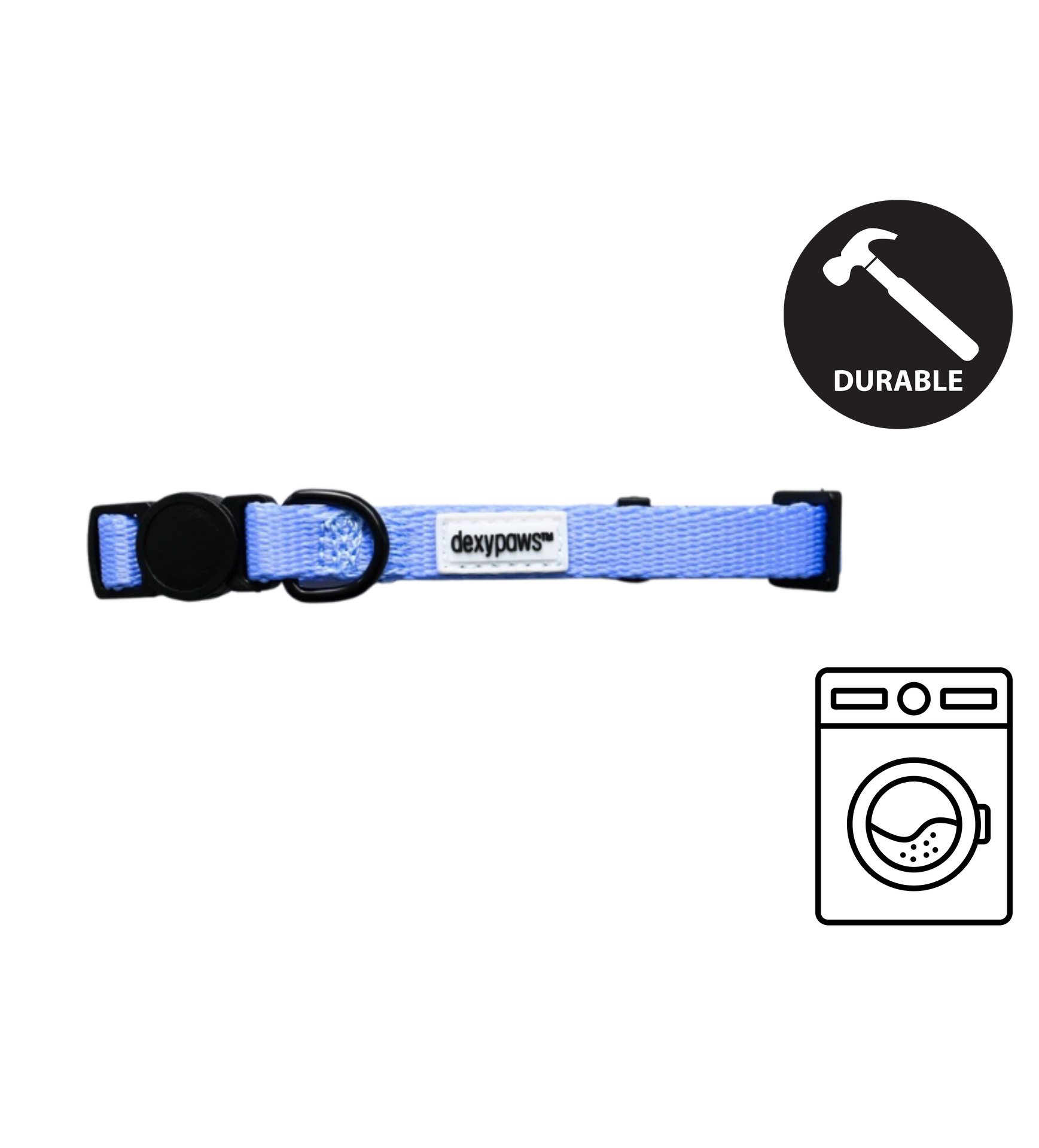 Durable dexypaws cat collar in light blue with black buckle and metal ring for comfort and safety