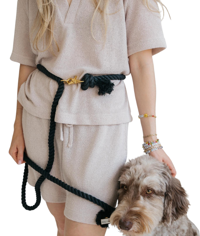 Dexypaws hands free dog leash black worn around waist with dog attached for easy walking