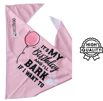 Dexypaws pink birthday bandana for dogs with birthday text and balloon design