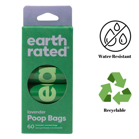 Earth Rated lavender scented dog poop bags package with 60 recyclable and water resistant bags