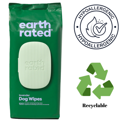 Earth rated lavender scented dog wipes pack with hypoallergenic and recyclable icons