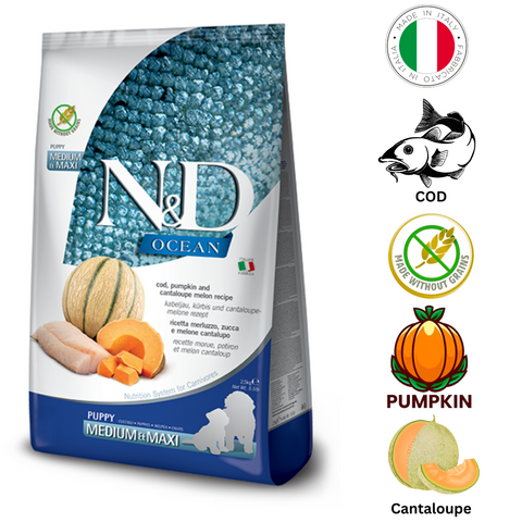 Farmina Cod and Cantaloupe Puppy Dry Food in a colorful bag with healthy ingredients