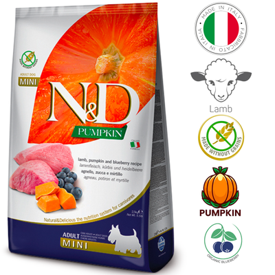 Farmina lamb and blueberry dog food in a bag featuring organic blueberries and pumpkin ingredients