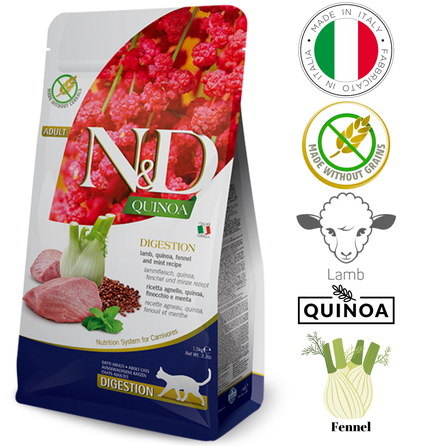 Farmina lamb quinoa cat food in a resealable bag with nutritional benefits and ingredients highlighted