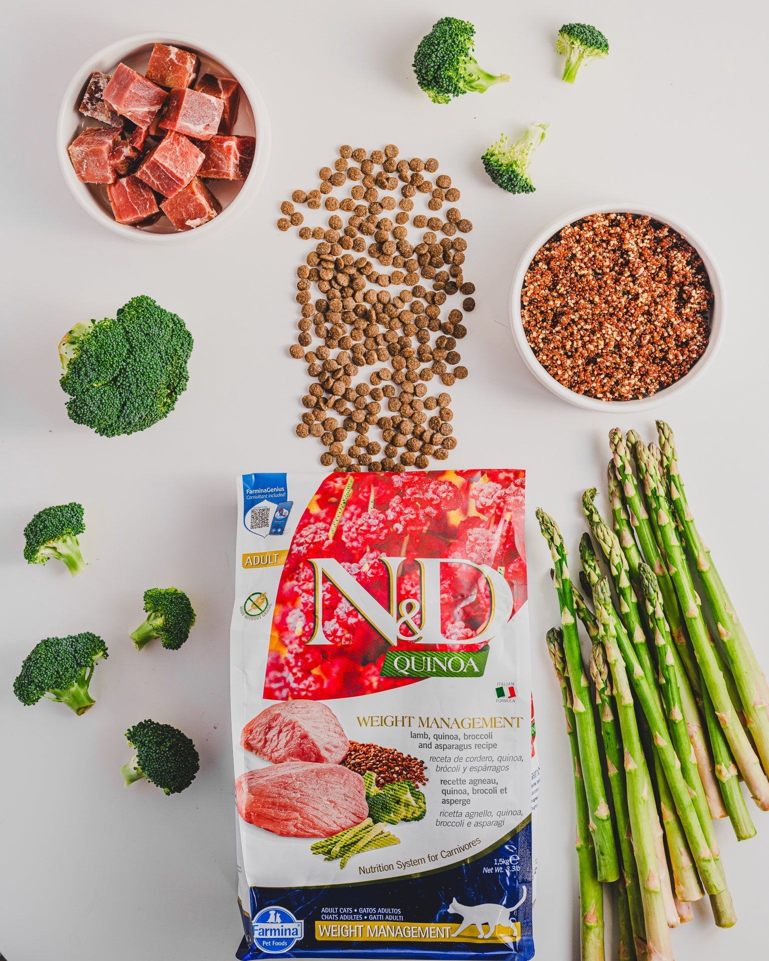 Farmina lamb quinoa cat food with fresh ingredients like broccoli and quinoa for healthy nutrition