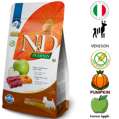 Farmina venison apple adult mini dog food with pumpkin and green apple, ideal for small breed dogs