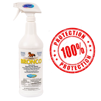Farnam Bronco horse fly spray in white spray bottle with 100 percent protection label