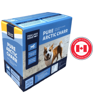Fish Lake Road Pure Arctic Charr dog food box featuring fish lake road arctic charr dog food branding