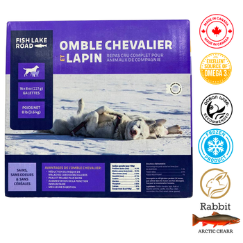 Fish Lake Road Arctic Charr Rabbit Raw Meal dog raw food package with Arctic charr and rabbit ingredients