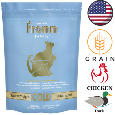 Fromm adult dry cat food Healthy Weight Gold with chicken and duck for adult cats in blue packaging