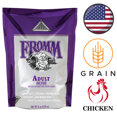 Fromm classic adult dry dog food bag with chicken and brown rice flavor in purple packaging
