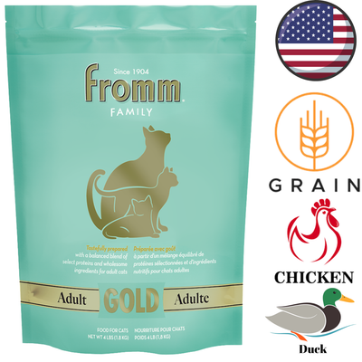 Fromm gold adult cat food dry kibble in turquoise packaging with chicken and duck flavor for adult cats