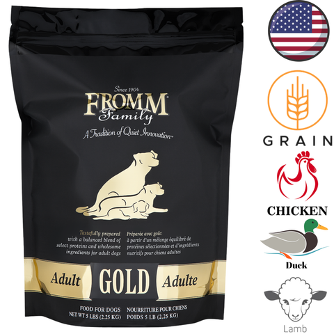 Fromm Gold Adult Dog Food black and gold bag featuring chicken, duck, lamb, and grain ingredients
