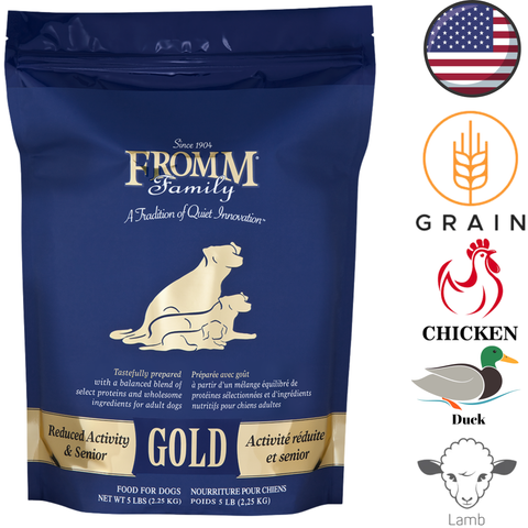 Fromm Gold dog food for seniors in a 5 lb blue bag with chicken, duck, and lamb flavors