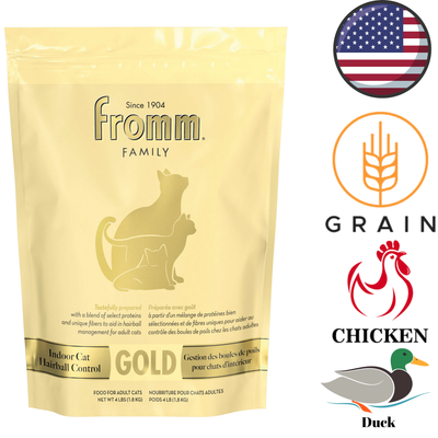 Fromm gold hairball control adult dry cat food bag with chicken and duck ingredients for indoor cats