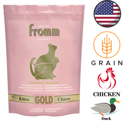 Fromm Gold kitten dry cat food in a pink resealable bag with chicken and duck icons