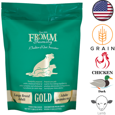 Fromm gold large breed adult dog food bag with balanced proteins and wholesome ingredients