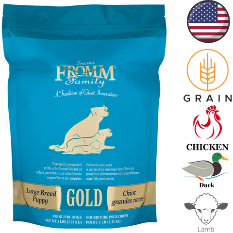 Fromm Gold Large Breed Puppy Dog Food 5 lb blue bag with chicken duck and lamb flavors