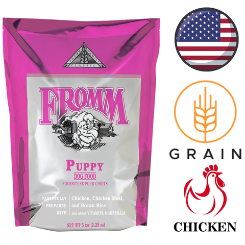 Fromm puppy dry dog food bag with chicken and brown rice formula for puppies