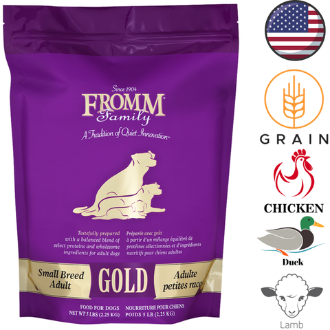Fromm small breed gold dog food adult formula in purple bag with chicken, duck, and lamb ingredients