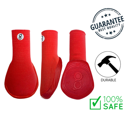 Gooeez small dog red boots showing top, side, and sole views with durable and safe features