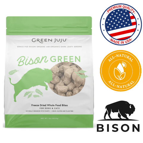 Green Juju bison freeze dried dog food with grass-fed bison organs and organic greens in resealable bag