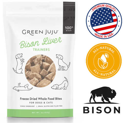 Green Juju bison liver trainers freeze dried whole food bites for dogs and cats 3oz bag