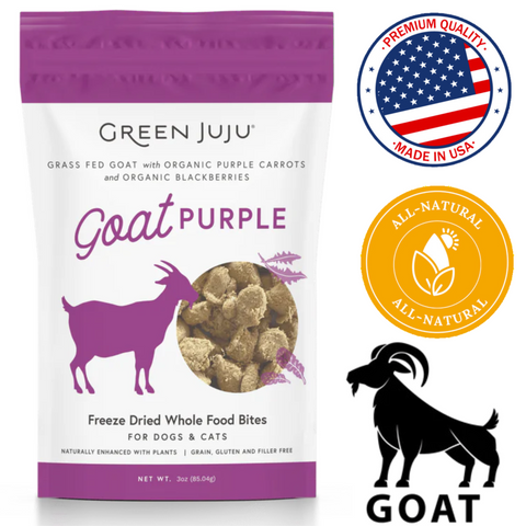 Green Juju goat bites freeze dried whole food treats for dogs and cats with organic ingredients