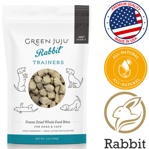 Green Juju rabbit trainers freeze dried whole food bites for dogs and cats in a premium quality bag