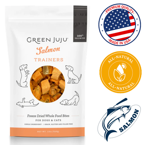 Green Juju salmon trainers freeze dried whole food bites for dogs and cats 100 percent salmon