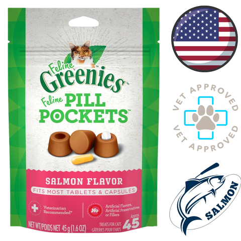 Greenies Feline Pill Pockets salmon flavor bag with treats and pill demonstrating best cat treats for giving medicine
