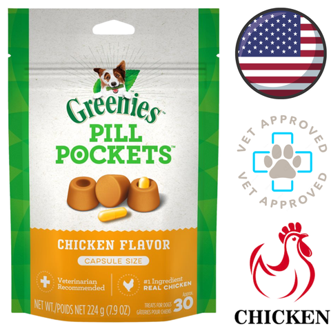 Greenies Pill Pockets chicken flavored pill pockets for dogs package showing capsule size and vet approved seals