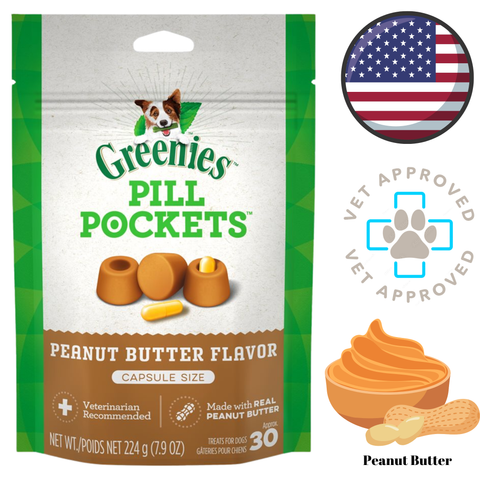 Greenies dog pill pockets peanut butter flavor package showing capsule size vet approved seal and peanut butter image