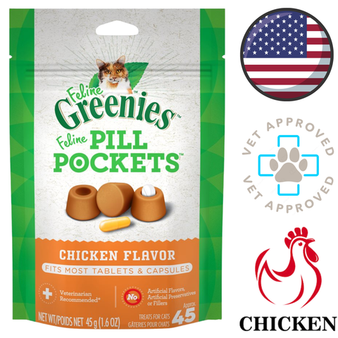 Greenies Feline Pill Pockets chicken flavor bag showing treats and packaging easy way to give cats pills