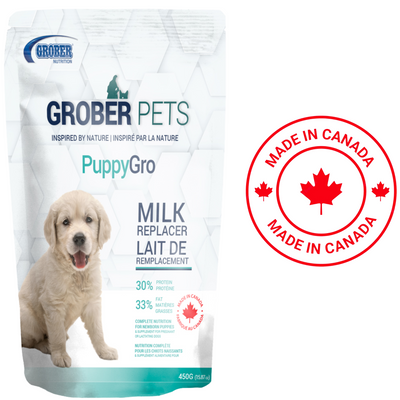 Grober Pets puppy milk replacer packaging with image of golden retriever puppy and Made in Canada label
