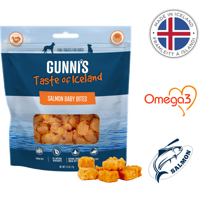 Gunnis Icelandic salmon baby bites dog treats in resealable blue pouch with visible treats and omega 3 benefits