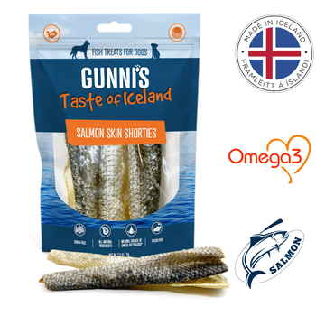 Gunnis Icelandic salmon dog treats Salmon Skin Shorties in resealable blue bag with omega 3 and salmon fish icons