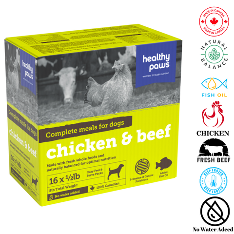 Healthy Paws Beef and Chicken Dog Food in 16 pack, made with fresh whole foods for optimal nutrition