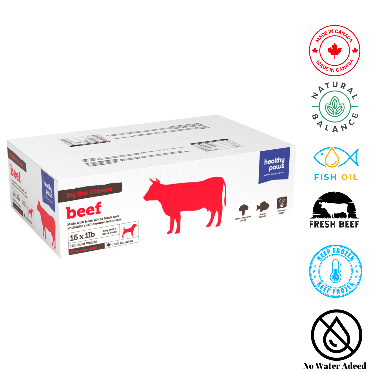 Healthy Paws Beef Big Box Dinner includes 16 raw beef meals for dogs, made in Canada with fresh ingredients
